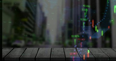 Şehir manzarası üzerinde finansal veri işleme resmi. Küresel finans, iş ve veri işleme kavramı dijital olarak oluşturulmuş görüntü.
