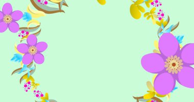 Mavi arka planda mor ve sarı çiçekli bir çiçek deseni. Tasarım kumaş, duvar kağıdı veya diğer dekoratif amaçlar için kullanılır..