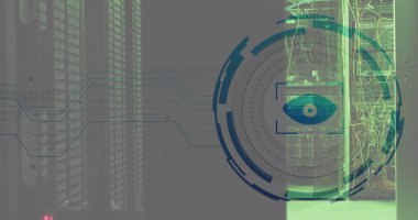 Bilgisayar sunucu odasındaki göz retina yuvarlak tarayıcısının görüntüsü. Siber güvenlik ve iş veri depolama teknolojisi kavramı