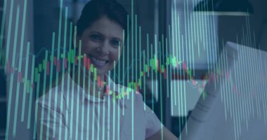 Kafkasyalı iş kadınının mali veri işleme görüntüsü. küresel finans, iş ve dijital arayüz kavramı dijital olarak oluşturulmuş görüntü.