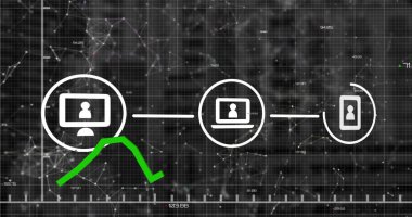 Veri işleme üzerine ortam simgelerinin resmi. Küresel iş ve dijital arayüz kavramı dijital olarak oluşturulmuş görüntü.
