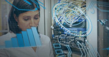 Dünya 'nın yazılı görüntüsü ve kadınlar üzerindeki bağlantı ağı. Dijital arayüz teknolojisi ve ağ konsepti dijital olarak oluşturuldu.