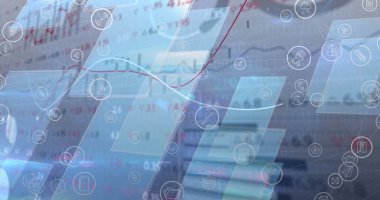 Mavi dijital ekranlar üzerinde veri işleme ve dijital simgelerin resmi. küresel bağlantılar ve dijital arayüz konsepti dijital olarak oluşturulmuş görüntü.