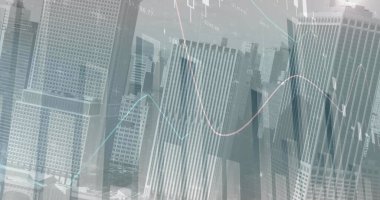 Tepetaklak olmuş yüksek binalara karşı dünya haritasında istatistiksel veri işleme görüntüsü. İş veri teknolojisi kavramı