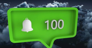 Gökyüzü ve bulutlar üzerinde konuşma baloncuğu üzerinde rakamlar olan bir uyarı simgesi. küresel sosyal medya ve iletişim konsepti dijital olarak oluşturulmuş görüntü.