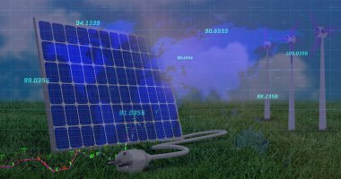 Rüzgar türbinleri ve güneş paneli üzerinden finansal veri işleme görüntüsü. küresel iş, finans ve dijital arayüz kavramı dijital olarak oluşturulmuş görüntü.