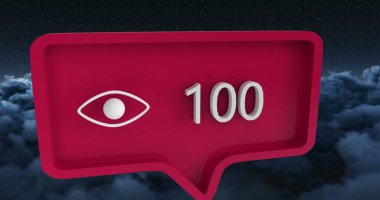 Gökyüzü ve bulutlar üzerinde konuşma baloncuğu üzerinde rakamları olan göz simgesi. küresel sosyal medya ve iletişim konsepti dijital olarak oluşturulmuş görüntü.