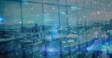 Pencerelerin üzerinde veri işleme resmi. Küresel iş ve dijital arayüz kavramı dijital olarak oluşturulmuş görüntü.