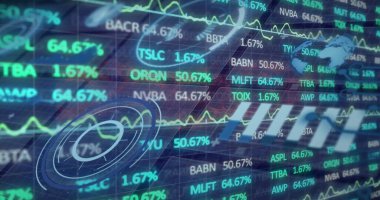 Finansal veri işleme resmi ve siyah arkaplan istatistikleri. Küresel finans, iş ve veri işleme kavramı dijital olarak oluşturulmuş görüntü.