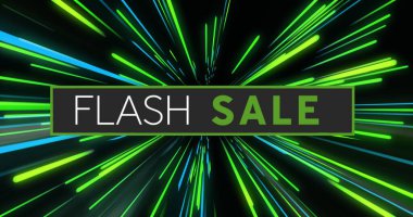 Yeşil ve mavi neon ışık yollarının üstündeki flash satış metni resmi. Genel resim oyunu, bağlantılar, hesaplama ve veri işleme kavramı dijital olarak oluşturuldu.