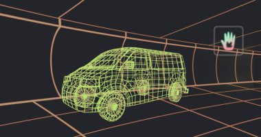 3D Van Modeli üzerinde birden fazla dijital simge tünelde pürüzsüz bir şekilde hareket ediyor. Otomobil mühendisliği ve sürdürülebilir enerji kavramı