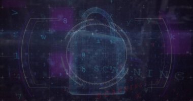 Siyah arkaplanda asma kilit simgesi ve veri işleme ile tarama alanı görüntüsü. Küresel teknoloji, bilgisayar ve dijital arayüz kavramı dijital olarak oluşturulmuş görüntü.