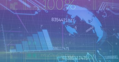 Grafikle finansal veri işleme görüntüsü, dijital arayüzde dünya. Dijital bileşik, yapay zeka, küresel iletişim, bulut hesaplama, geliştirme, teknoloji, kodlama.