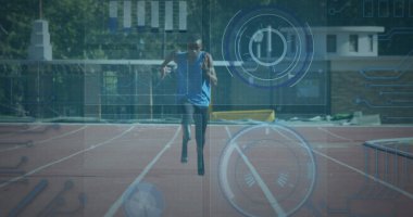Engelli Afro-Amerikan erkek koşucunun veri işleme görüntüsü. Küresel spor ve dijital arayüz kavramı dijital olarak oluşturulmuş görüntü.