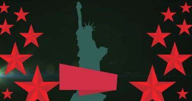 Kırmızı yıldızların resmi ve siyah arkaplanda Özgürlük Heykeli. Amerikan vatanseverliği, özgürlük, bağımsızlık ve semboller dijital olarak üretilen imaj konsepti.
