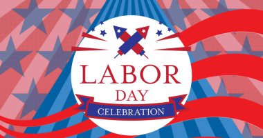 Çizgili ve yıldızlı işçi bayramının kutlama metni. İşçi Bayramı ve dijital olarak üretilen görüntü konsepti.