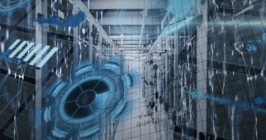 Sunucu odasına karşı veri işleme arayüzü üzerinden matematiksel denklemlerin resmi. Bilgisayar arayüzü ve iş veri depolama teknolojisi kavramı