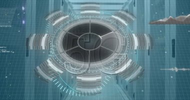 Sunucu odasında veri işleme resmi. Küresel bağlantılar, veri işleme ve dijital arayüz konsepti dijital olarak oluşturulmuş resim.