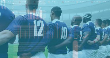 Rugby oyuncuları üzerinde istatistik ve simge görüntüsü. global spor, teknoloji, dijital arayüz ve bağlantılar konsepti dijital olarak oluşturulmuş görüntü.