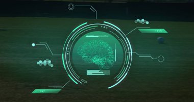 Yeşil arkaplan üzerinde veri işleme resmi. Küresel spor, bilim, hesaplama, dijital arayüz ve veri işleme kavramı dijital olarak oluşturuldu.