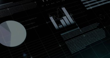 Siyah arkaplana karşı bilgi arayüzü üzerinde soyut desen oluşturan noktaların resmi. Dijital olarak oluşturulmuş, hologram, rapor, finans, iş, ilerleme ve teknoloji kavramı.