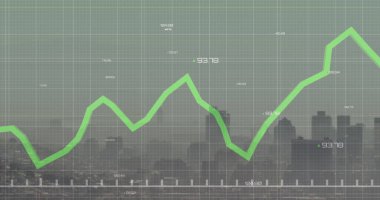 Şehir manzarası üzerinde finansal veri işleme resmi. Küresel hesaplama, dijital arayüz ve veri işleme kavramı dijital olarak oluşturuldu.