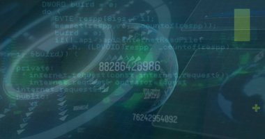 Finansal verilerle hud işleme görüntüsü, dijital arayüzde dünya. Dijital bileşik, yapay zeka, küresel iletişim, bulut hesaplama, geliştirme, teknoloji, kodlama.