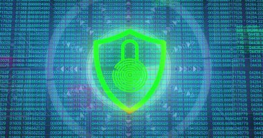 Tarayıcı ve veri işleme üzerinde yeşil ve kırmızı yanıp sönen asma kilit görüntüsü. Küresel iletişim, iş dünyası, veri güvenliği ve dijital arayüz konsepti dijital olarak oluşturulmuş görüntü.