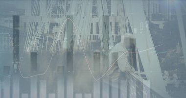 Yoğun şehrin finansal veri işleme görüntüsü. iş, dijital arayüz ve veri işleme kavramı dijital olarak oluşturulmuş görüntü.