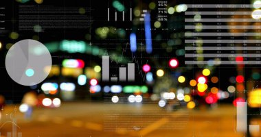 Şehir manzarası üzerindeki istatistiklerin resmi. business, data işleme, bağlantı, teknoloji ve dijital arayüz kavramı dijital olarak oluşturuldu.