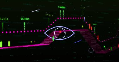 Siyah arkaplanda veri işleme üzerindeki şekillerin resmi. Küresel teknoloji, bilgisayar ve dijital arayüz kavramı dijital olarak oluşturulmuş görüntü.