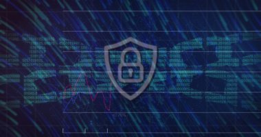 Mavi arka plandaki veri işlemesine karşı güvenlik asma kilidi ve zincir simgesi üzerinde ışık izleri. Siber güvenlik ve iş teknolojisi kavramı