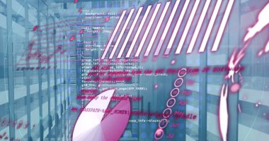 Bilgisayar sunucu odasındaki ışık izlerine karşı istatistiksel veri işleme resmi. Bilgisayar arayüzü ve iş veri depolama teknolojisi kavramı