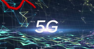 Veri işleme üzerinden 5G metin resmi. Küresel iş ve dijital arayüz kavramı dijital olarak oluşturulmuş görüntü.