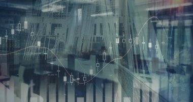 Yoğun şehrin finansal veri işleme görüntüsü. iş, dijital arayüz ve veri işleme kavramı dijital olarak oluşturulmuş görüntü.