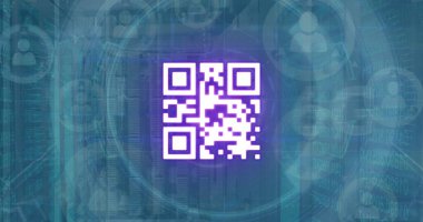 Image of qr code and scanner processing data over network of people icons. Global communication, business, data and digital interface concept digitally generated image.