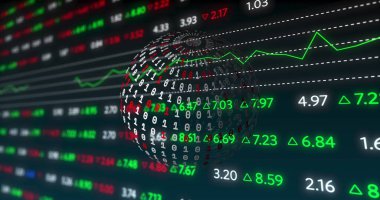 Veri işleme üzerindeki dünya görüntüsü. Küresel iş ve dijital arayüz kavramı dijital olarak oluşturulmuş görüntü.