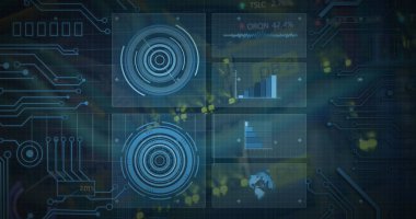 Bilgisayar sunucusundaki kablolar üzerinden tarama ve veri işleme dürbünü görüntüsü. küresel hesaplama ve veri işleme kavramı dijital olarak oluşturulmuş resim.