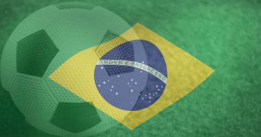 Stadyumun üzerinde Brezilya bayrağı ve futbol resmi. Küresel spor, vatanseverlik ve dijital arayüz kavramı dijital olarak oluşturulmuş görüntü.