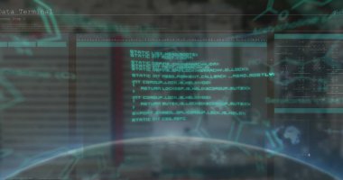 Bilgisayar kullanan adamların veri işleme görüntüsü. Küresel teknoloji veri işleme ve dijital arayüz konsepti dijital olarak oluşturulmuş resim.