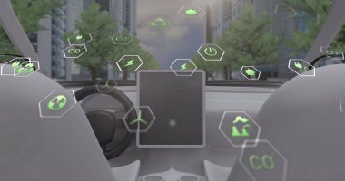 Araba ve şehir üzerinde veri işleme ve ekoloji simgeleri. Küresel iş ve dijital arayüz kavramı dijital olarak oluşturulmuş görüntü.