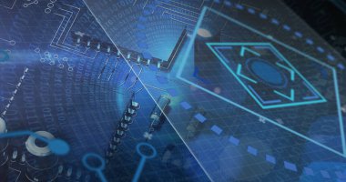 Siyah arkaplanda bilgisayar devre kartının üzerinde tarama yapan veri işleme görüntüsü. Küresel teknoloji, bilgisayar ve dijital arayüz kavramı dijital olarak oluşturulmuş görüntü.