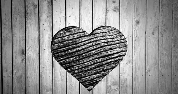 心形的图像刻在木头上 带有移动的木纹图案 黑白相间 自然与爱情 复古的单色抽象背景概念数码生成的图像 — 图库照片