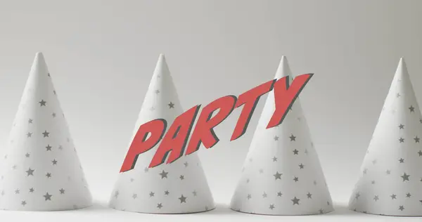 Image Party Text Party White Party Hats Background Birthday Party — Stock Photo, Image
