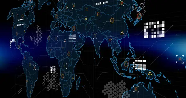 Afbeelding Van Markers Gegevensverwerking Wereldkaart Wereldwijde Verbindingen Digitale Interface Gegevensverwerkingsconcept — Stockfoto