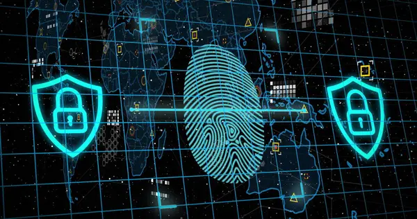 Abbildung Biometrischer Fingerabdrücke Markierungen Und Datenverarbeitung Auf Der Weltkarte Globale — Stockfoto
