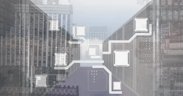 Bild Des Verbindungsnetzes Über Den Computerserverraum Gegen Hohe Gebäude Geschäftsdatenspeichertechnologie — Stockfoto