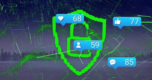 Image of social media icons and padlock icon over cityscape. Global social media, online security and digital interface concept digitally generated image.