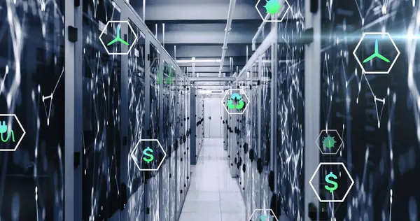 Image of multiple icons over connected dots on data server systems in server room. Digital composite, communication, hazardous, recycle, data center, networking, technology and network server.