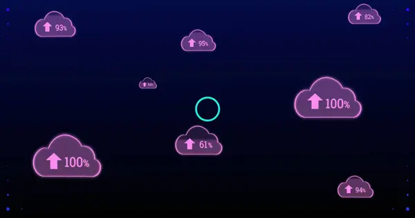 Obraz Interfejsu Cyfrowego Fioletowymi Chmurami Strzałkami Procentami Rosnącymi Stu Nad — Zdjęcie stockowe